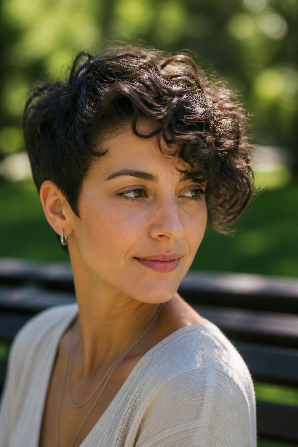 Portrait of a real woman with a long-top curly pixie and side sweep