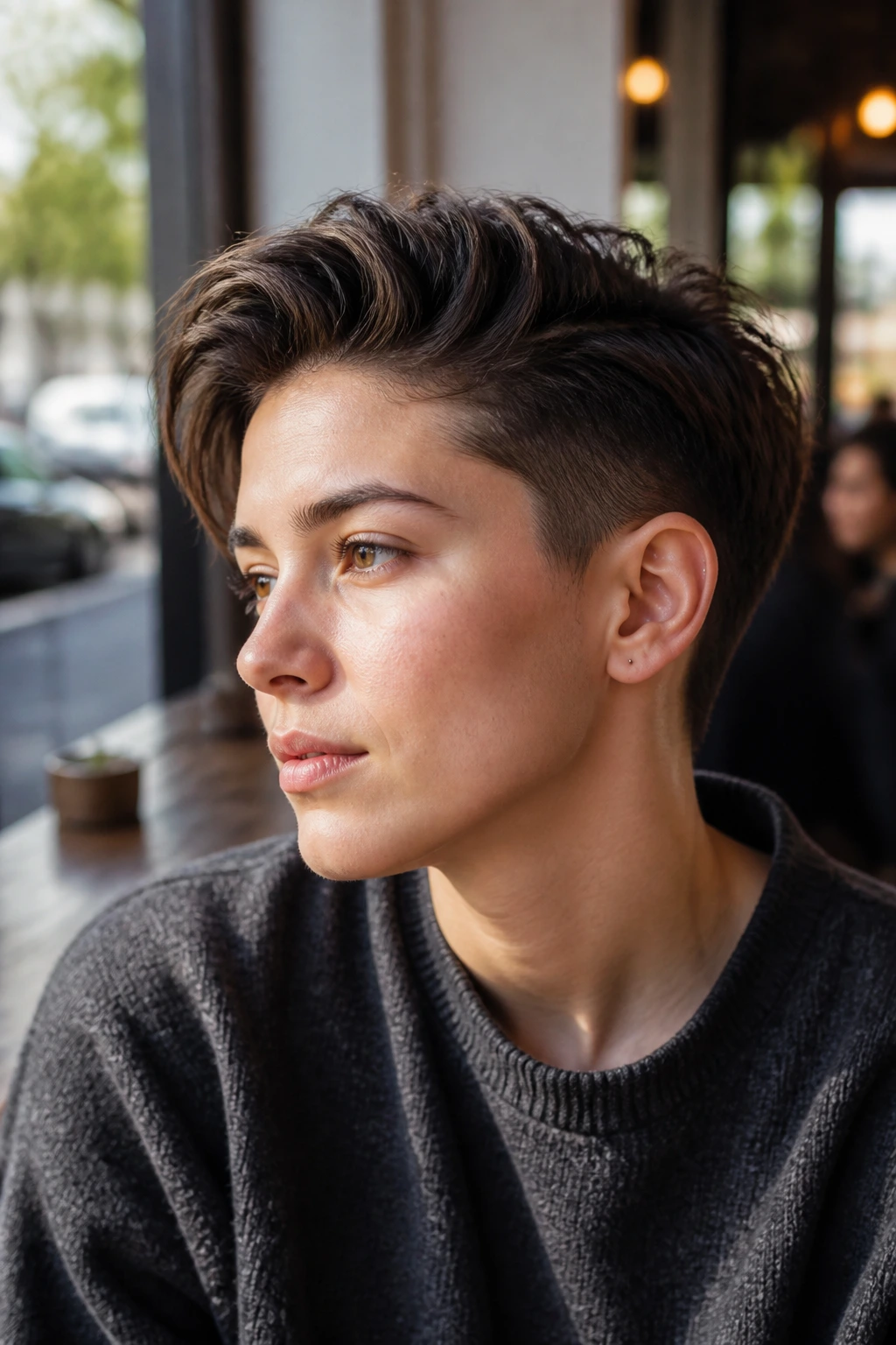 Close-up portrait of a real person with a long-top short-back cut under natural light