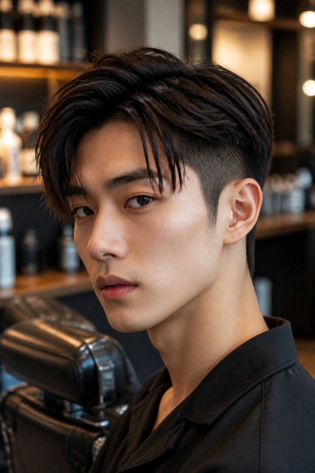 Close-up portrait of a man with a long top two-block undercut in a barbershop setting
