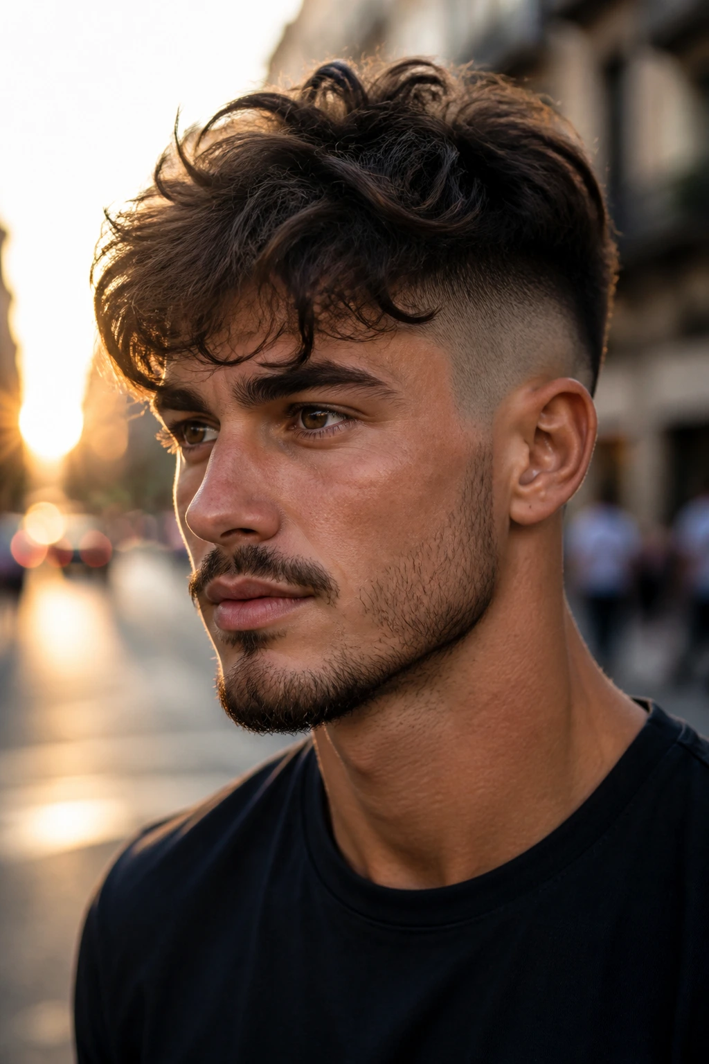 Close-up portrait of a person with a long, textured top and short sides in golden hour street light.