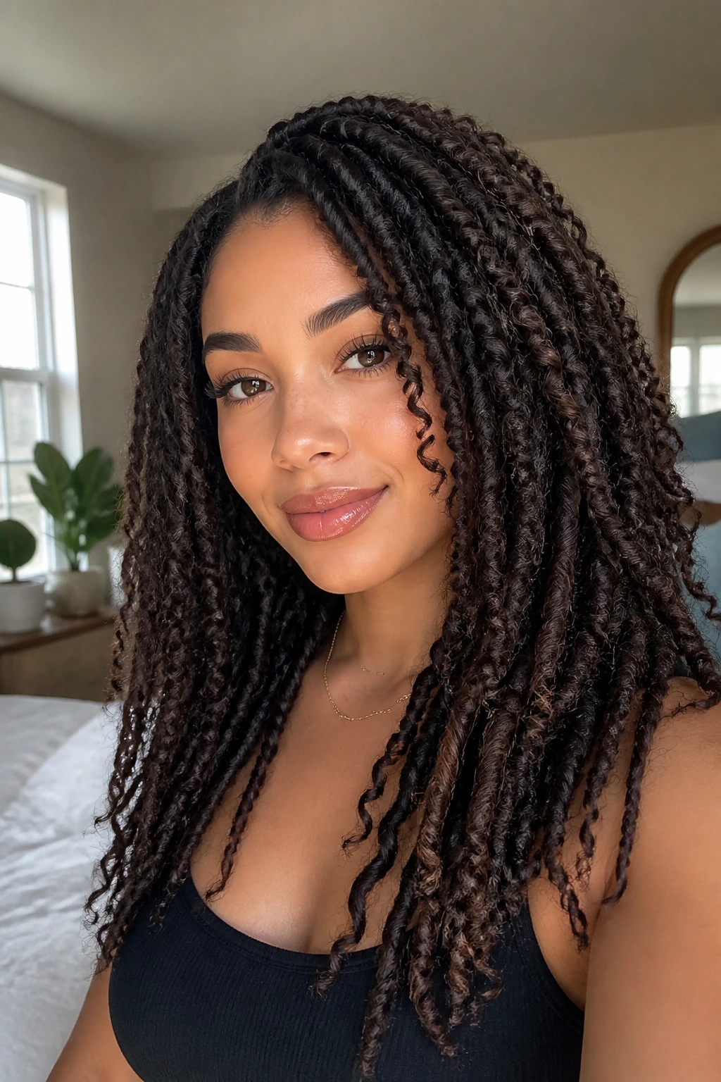 Close-up of real woman with long twist-out layers hairstyle