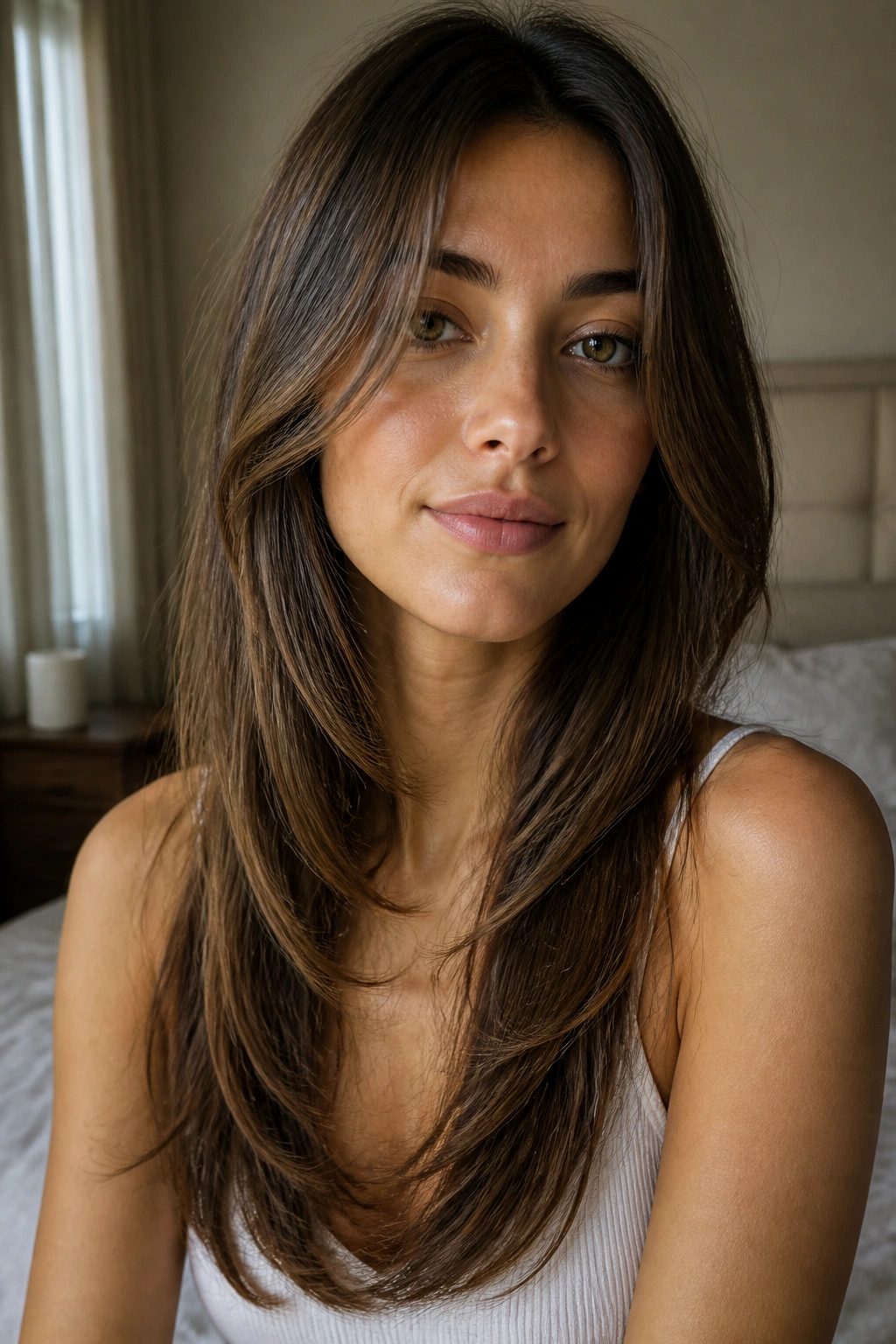 Portrait of a woman with long U-cut and subtle face-framing in warm window light