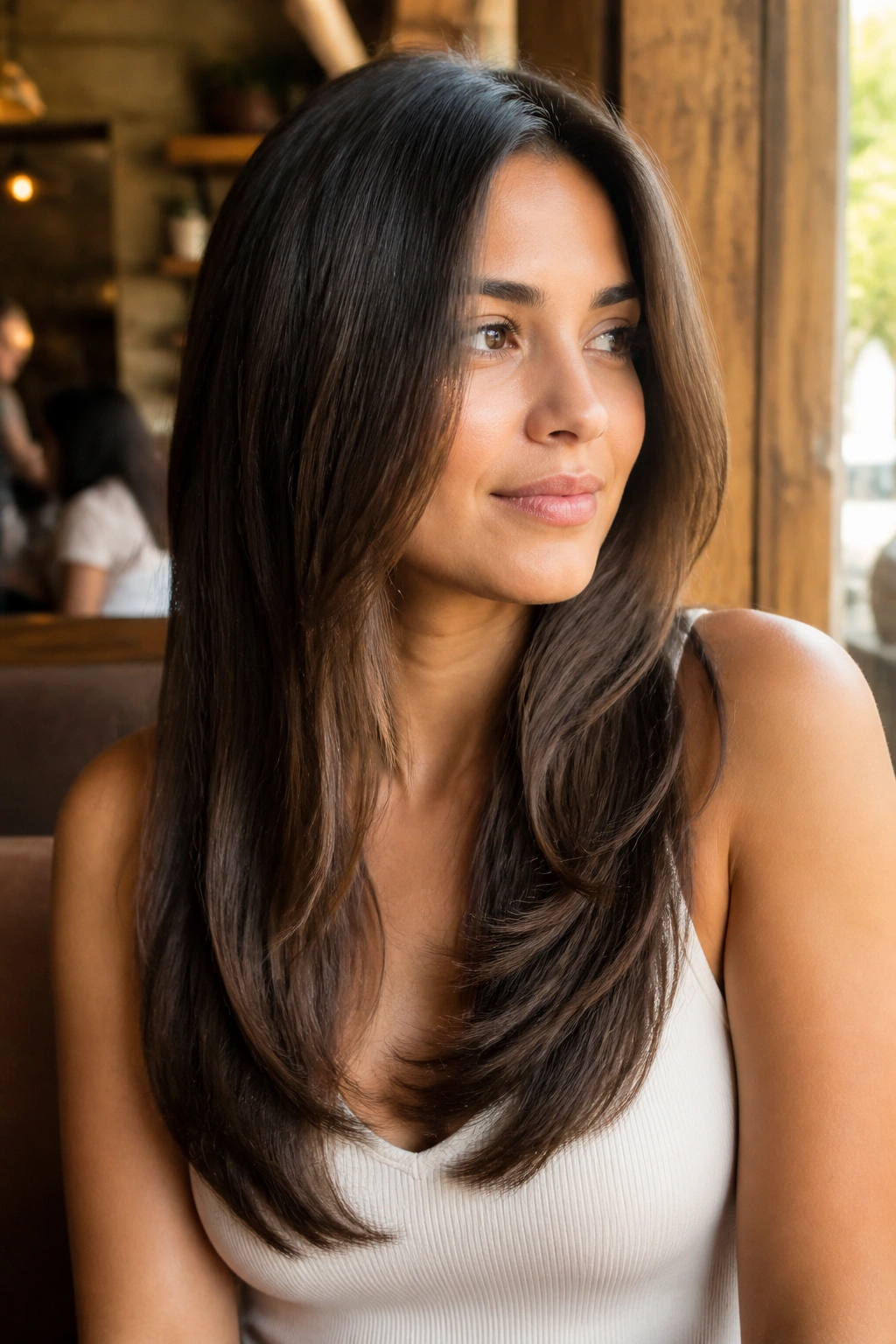 Close-up portrait of a real woman with a long U-cut hairstyle.
