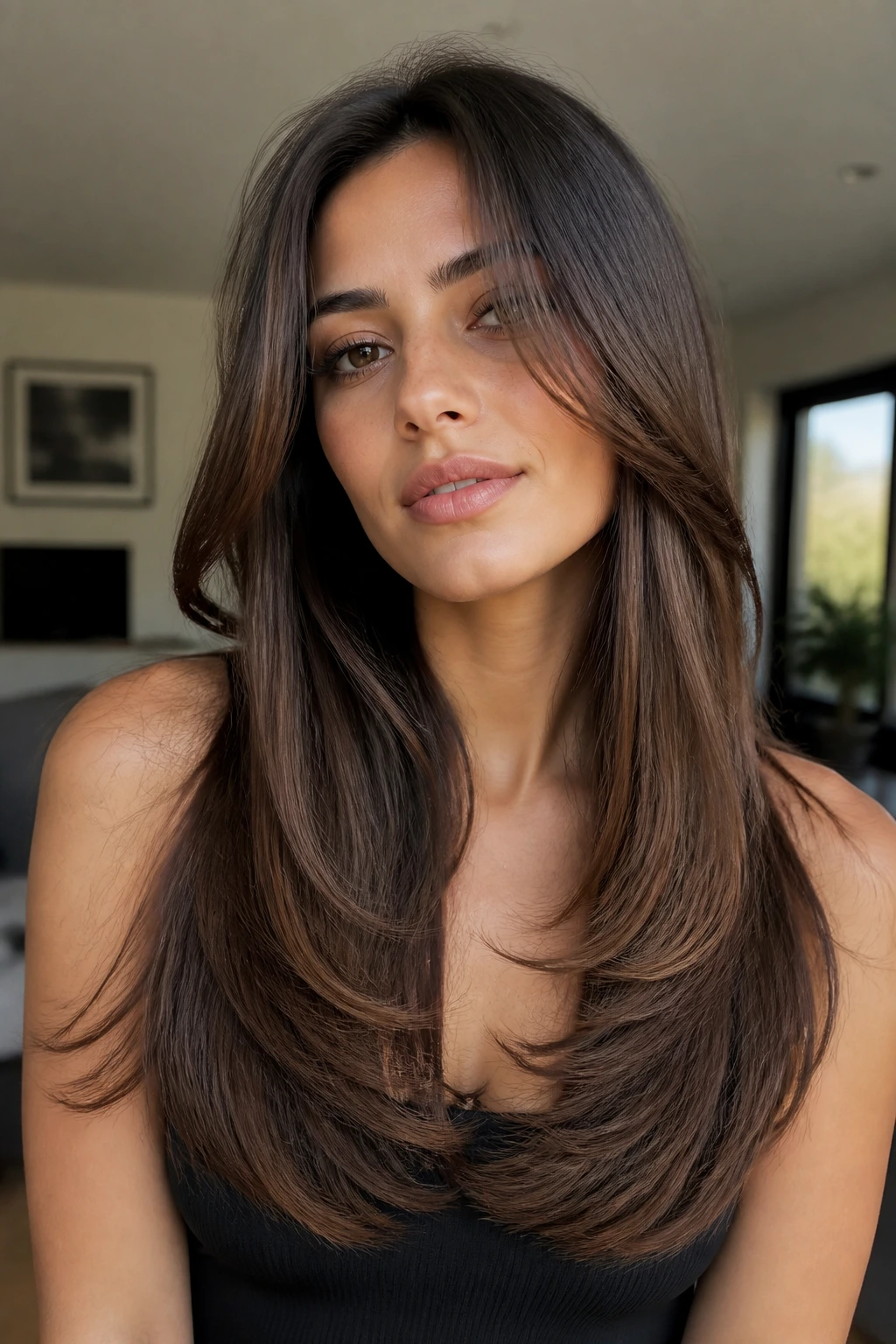 Real woman with long U-shaped layers keeping ends full.