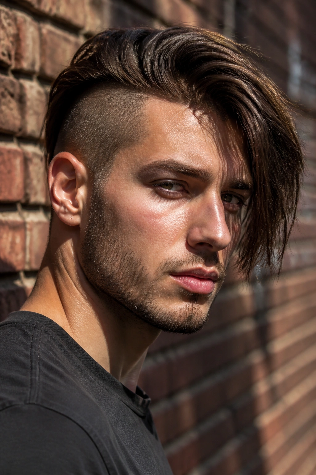 Close-up of a man with long undercut against brick wall at dusk