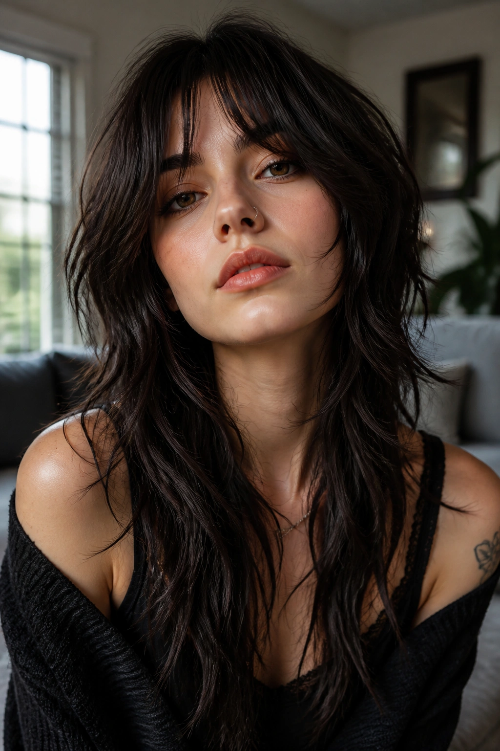 Close-up portrait of a real woman with a long undone wolf cut and face-framing layers in natural light
