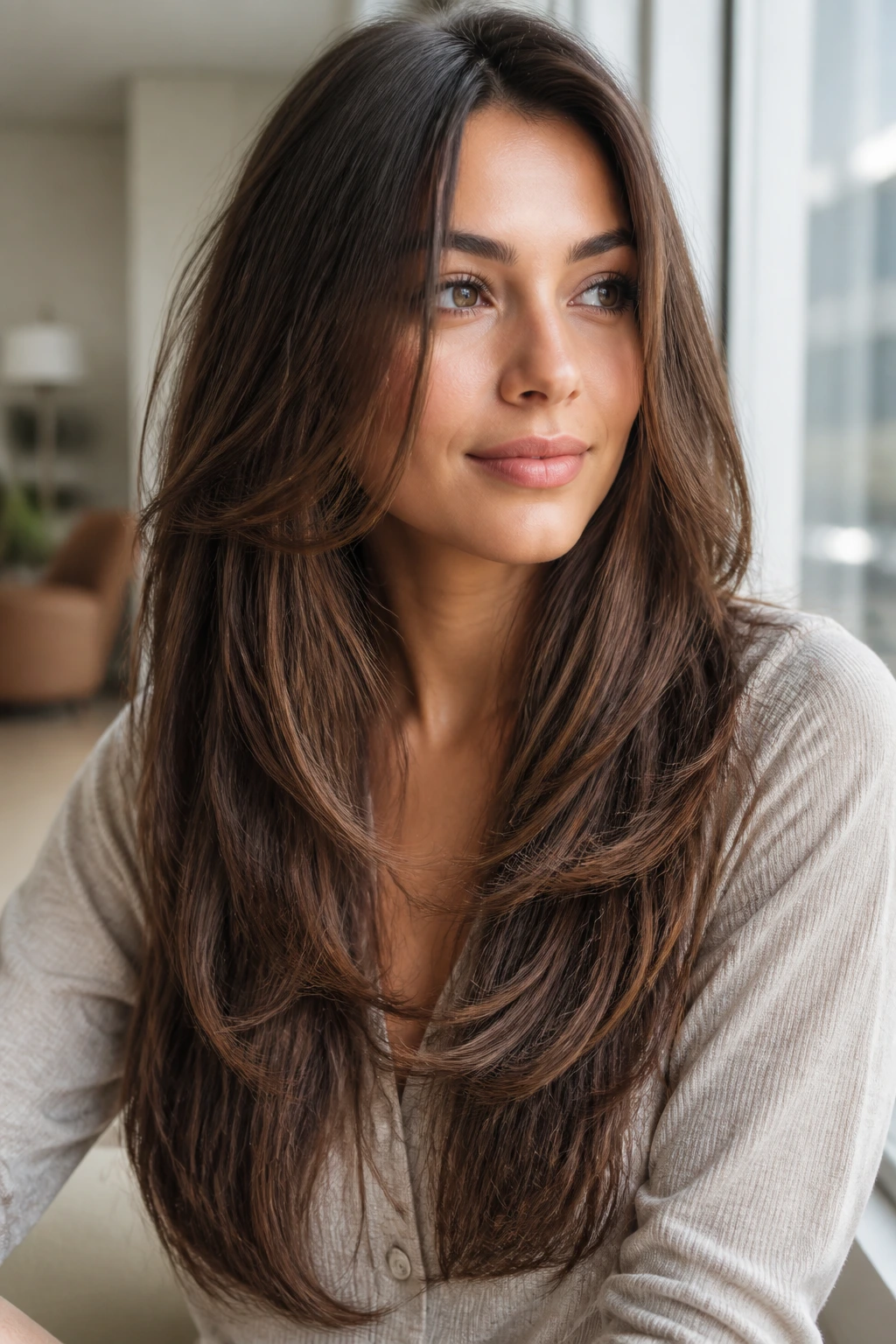 Close-up of real woman with long V-shaped layers and gentle point