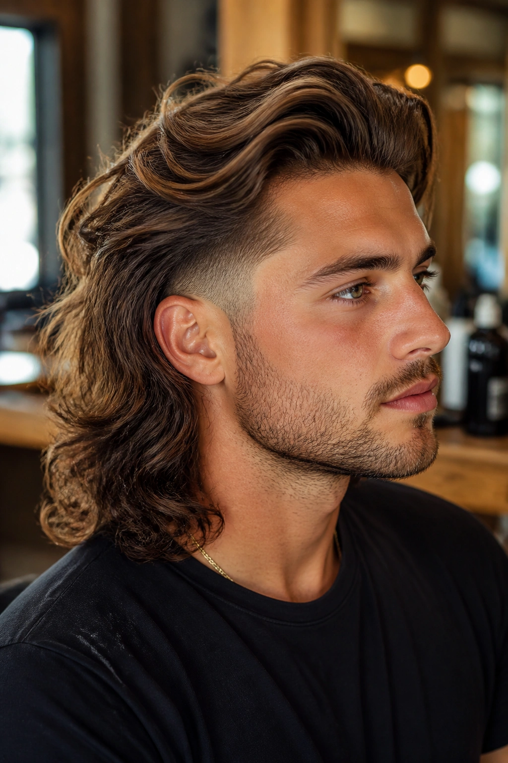 Close-up portrait of a man with long waves and a temple fade in sunlit setting