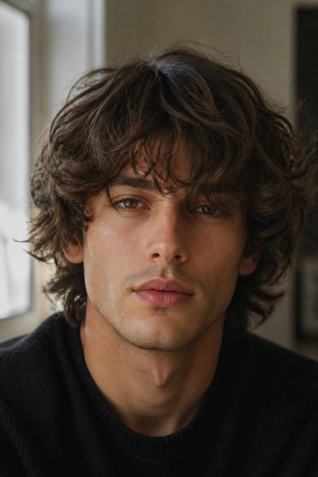 Front portrait of a man with long wavy fringe across the forehead.