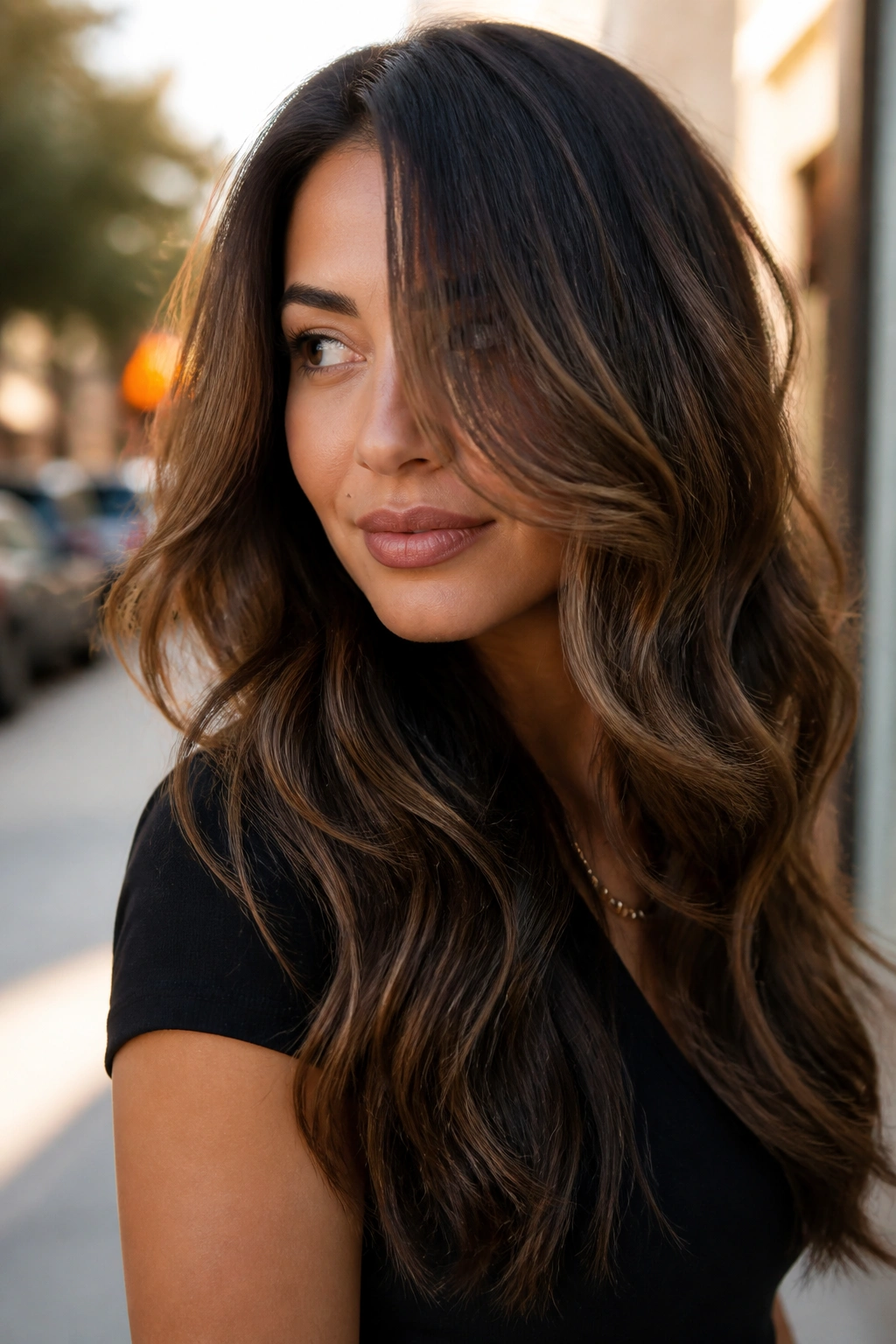 Close-up of a real woman with long waves and internal layers in golden hour outdoor light