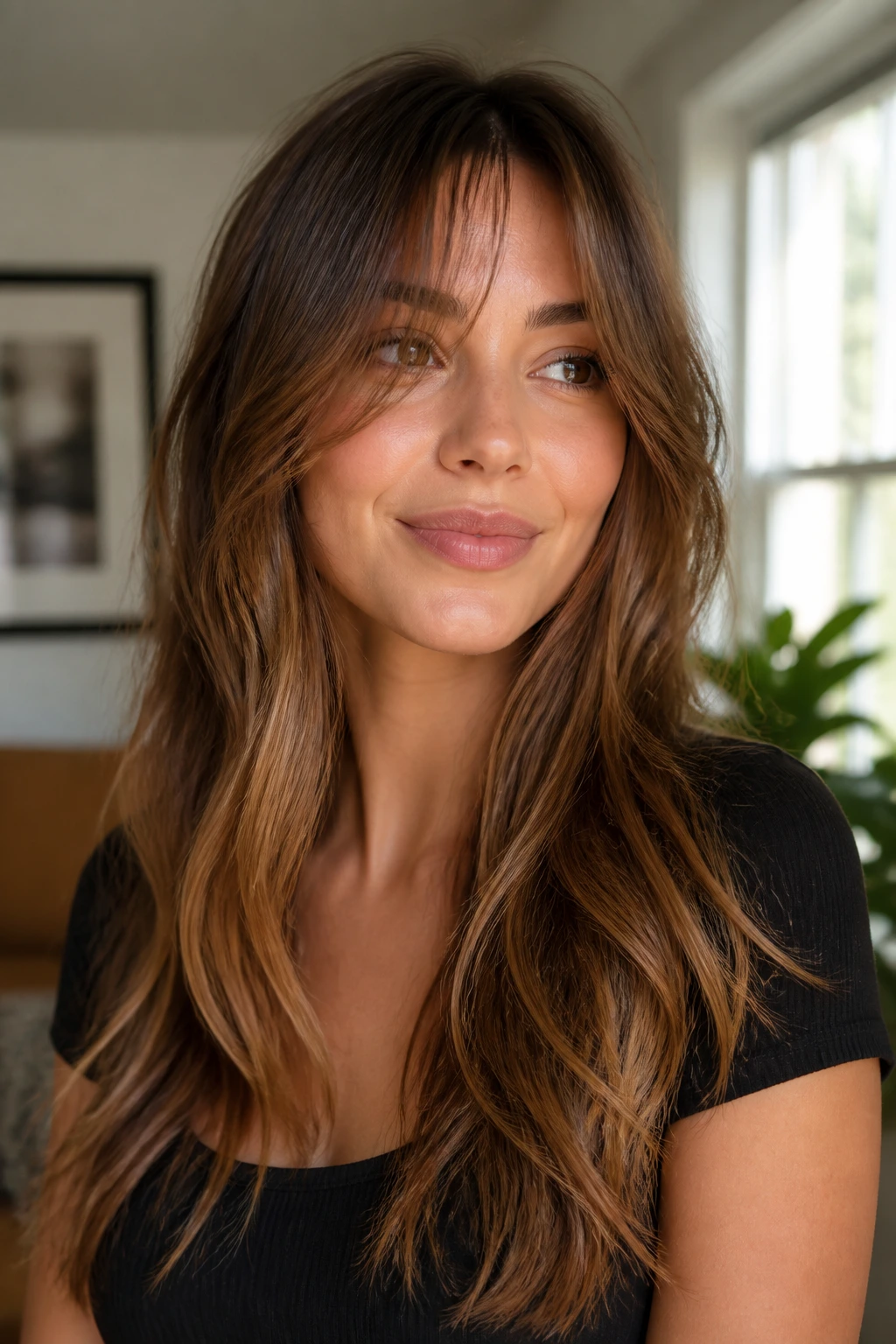 Close-up portrait of a real woman with long wispy bangs blending into long layers