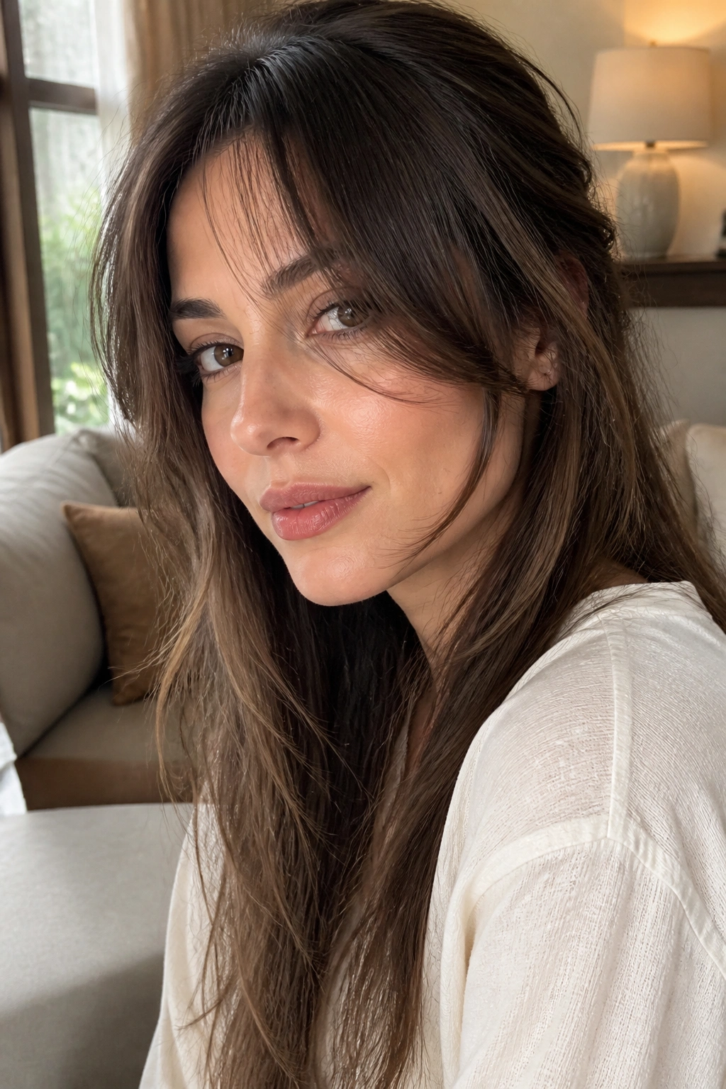 Portrait of a real woman with long wispy bangs sweeping toward the cheekbones