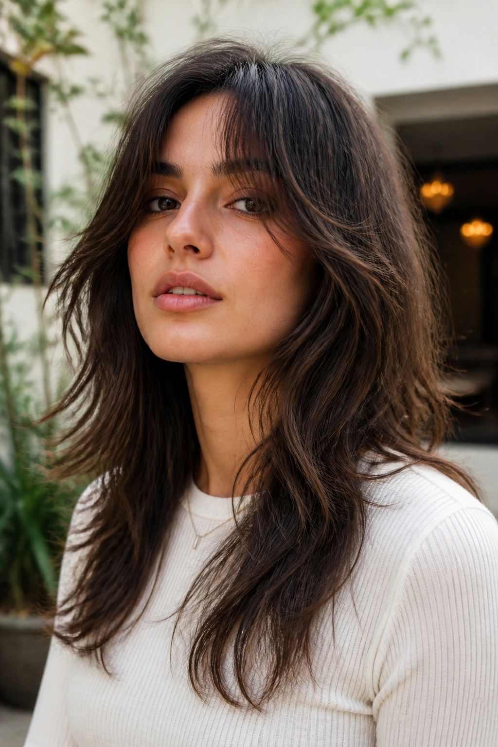 Close-up of a real woman with a long wolf cut and airy ends in outdoor daylight
