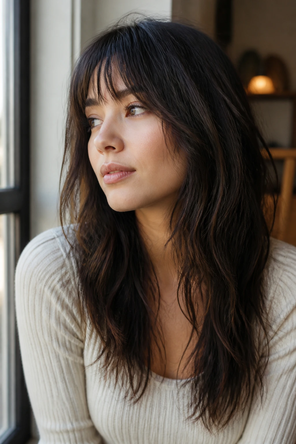 Real person with long wolf cut and bangs, thoughtful expression