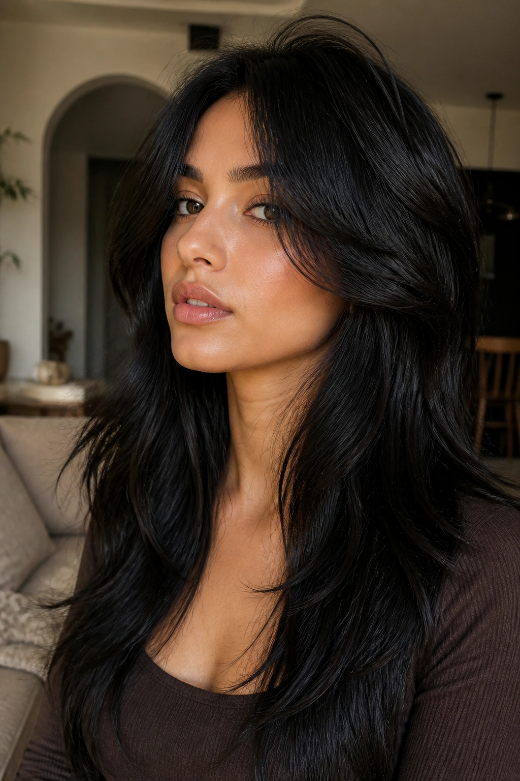 Close-up of a real person with long black wolf cut and soft face-framing layers