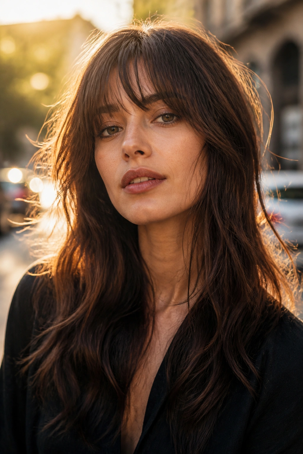 Real person with long wolf cut and bottleneck bangs, soft face framing