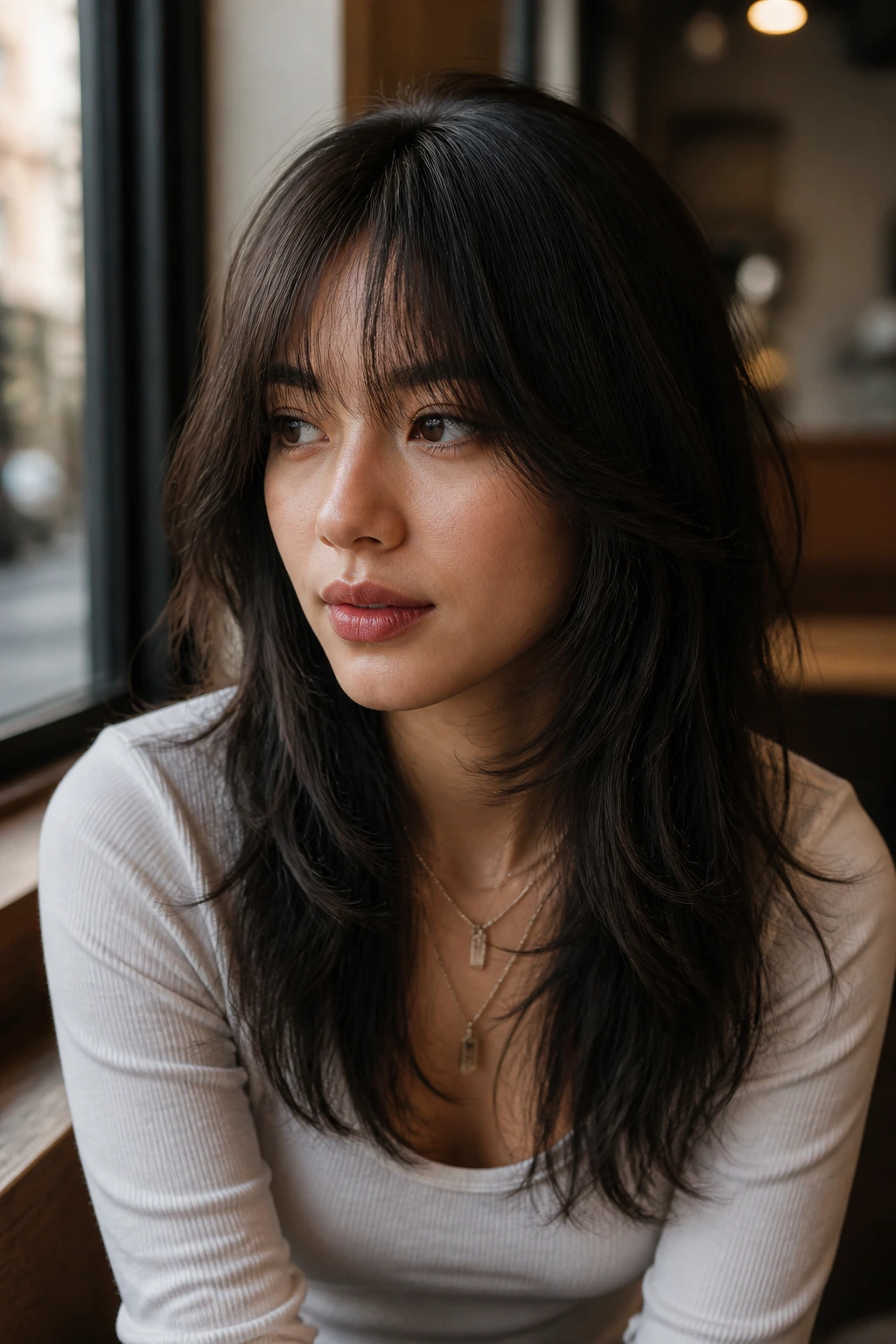 Long wolf cut with bottleneck bangs on a real woman, fringe framing the eyes.