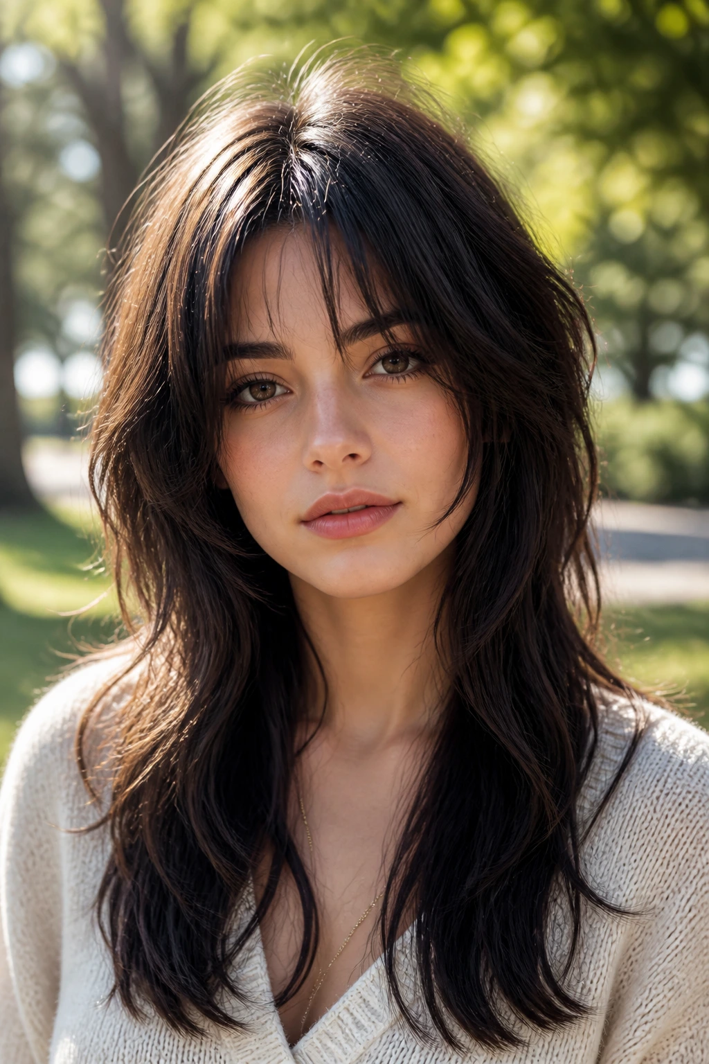 Portrait of a real woman with Long Wolf Cut with Bottleneck Bangs in morning light