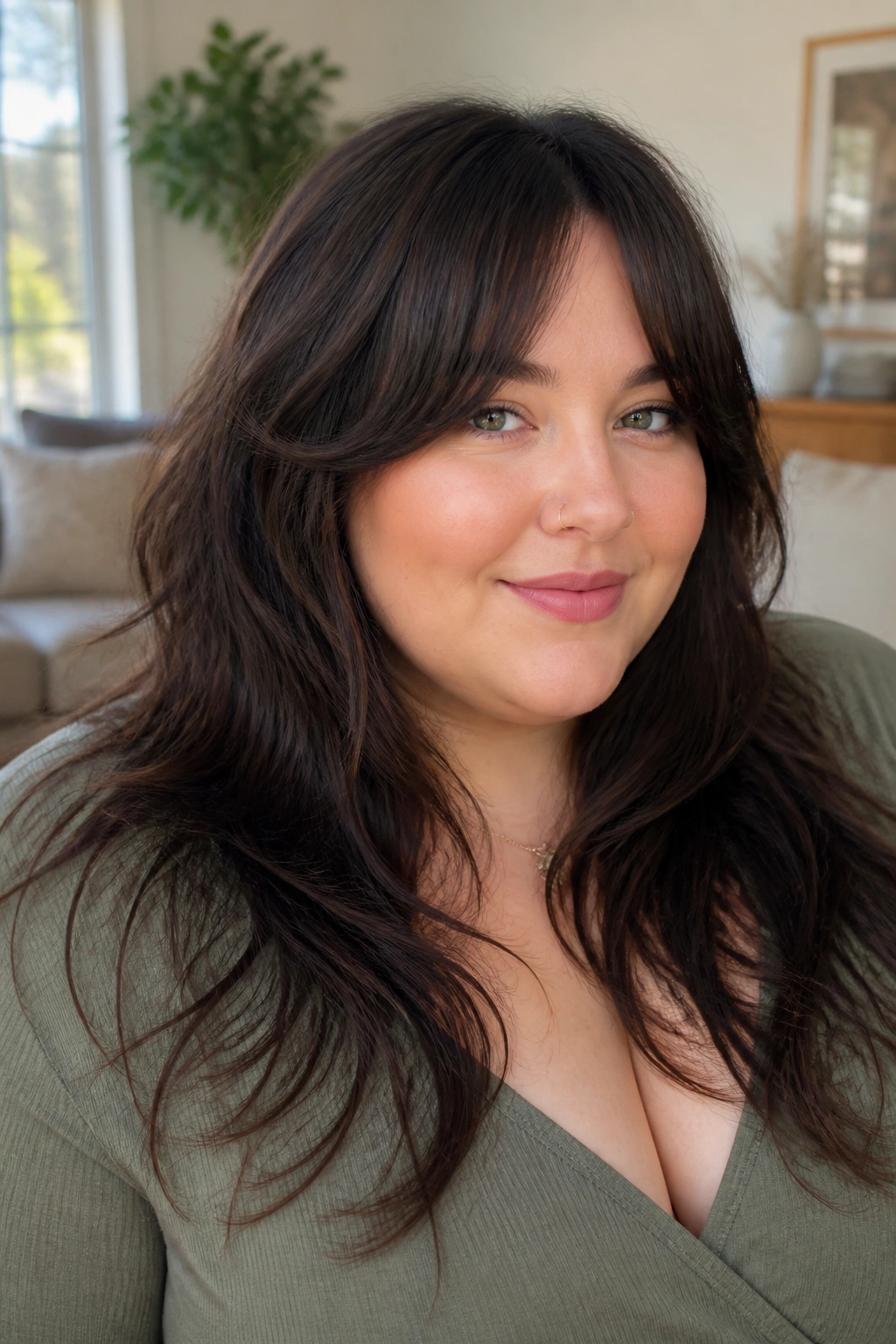 Close-up of woman with long wolf cut and bottleneck bangs