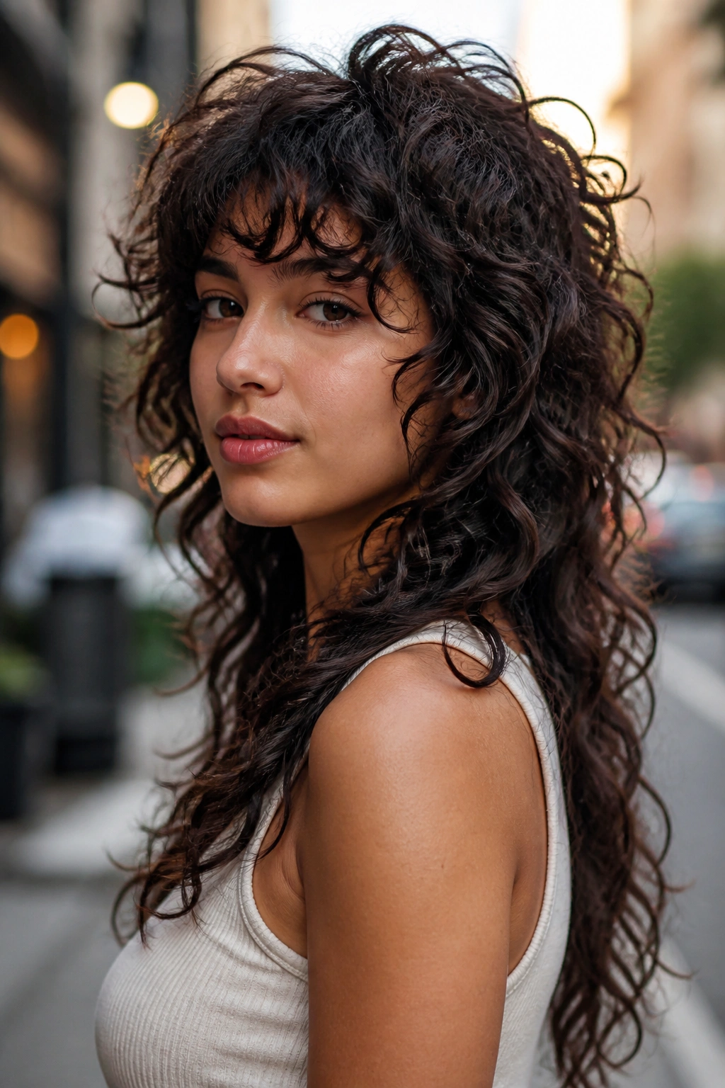 Close-up of a real woman with a long wolf cut for curly hair