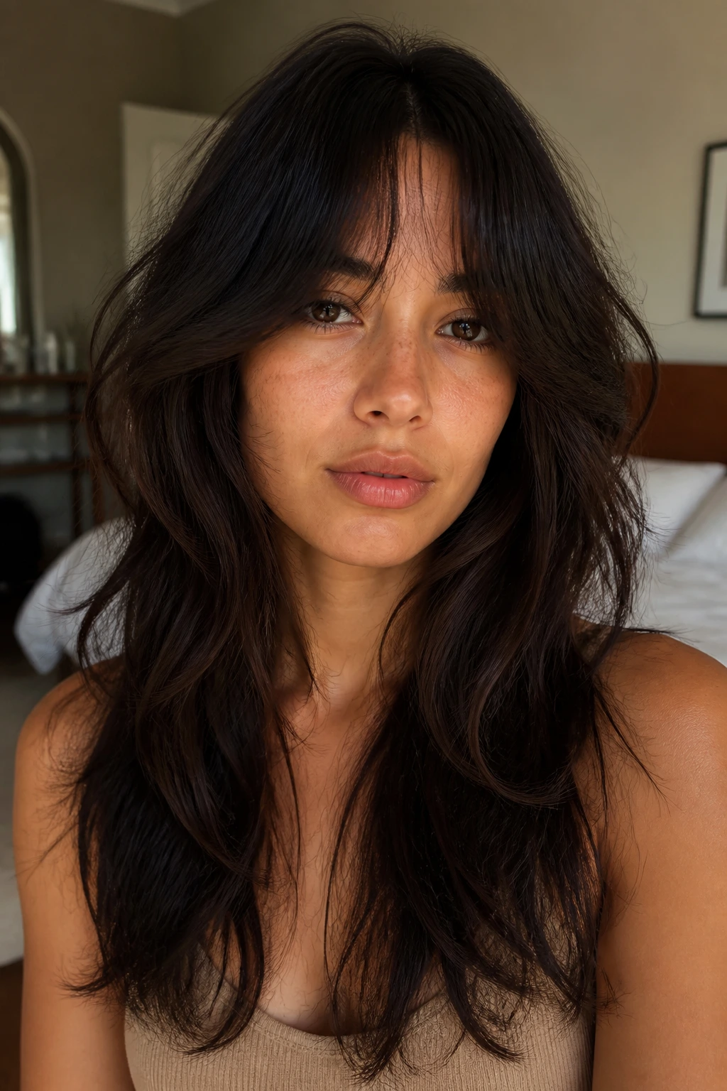 Close-up of a real woman with a long wolf cut and airy curtain bangs under window light