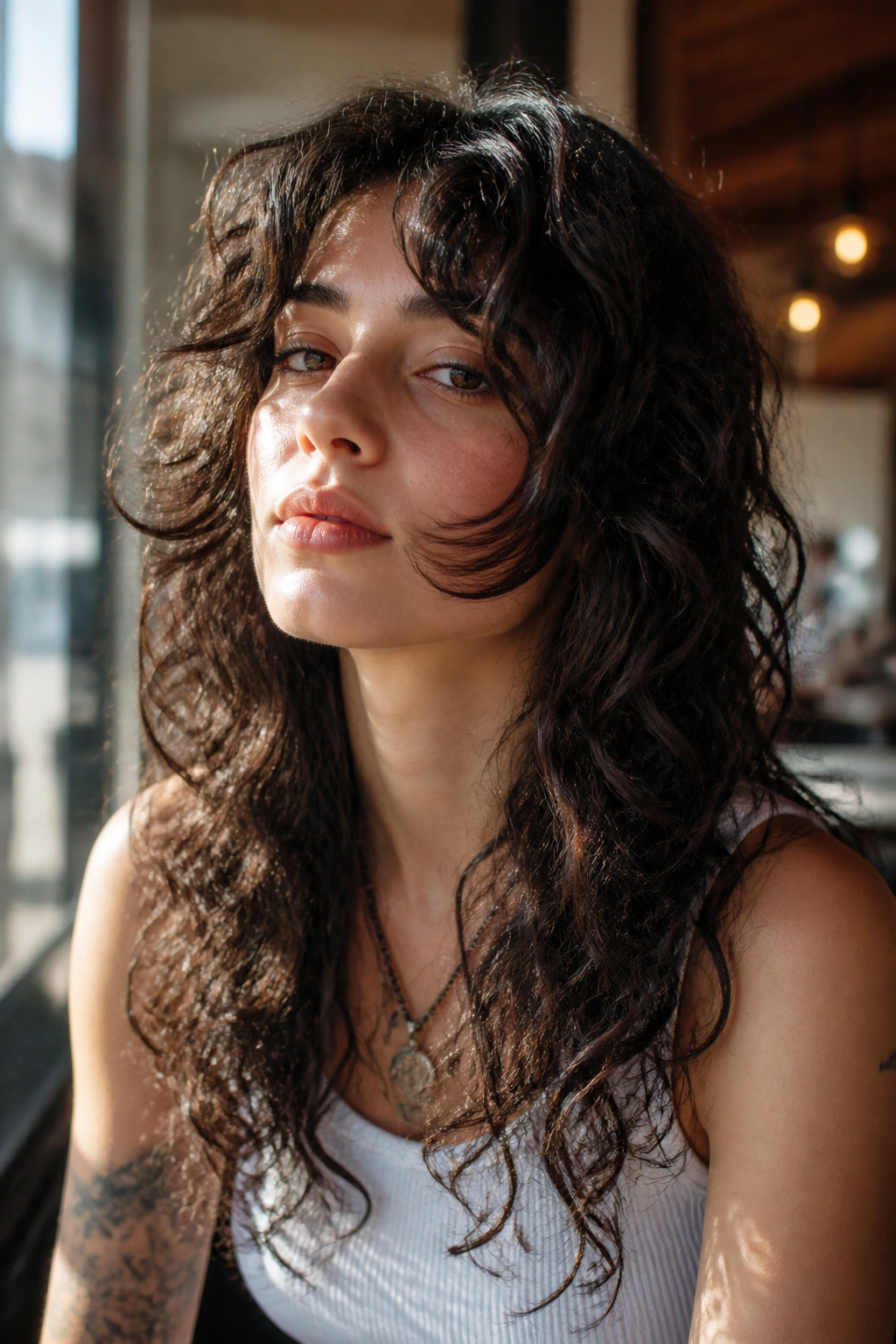 Close-up portrait of a real person with long wolf cut curtain layers in cafe light