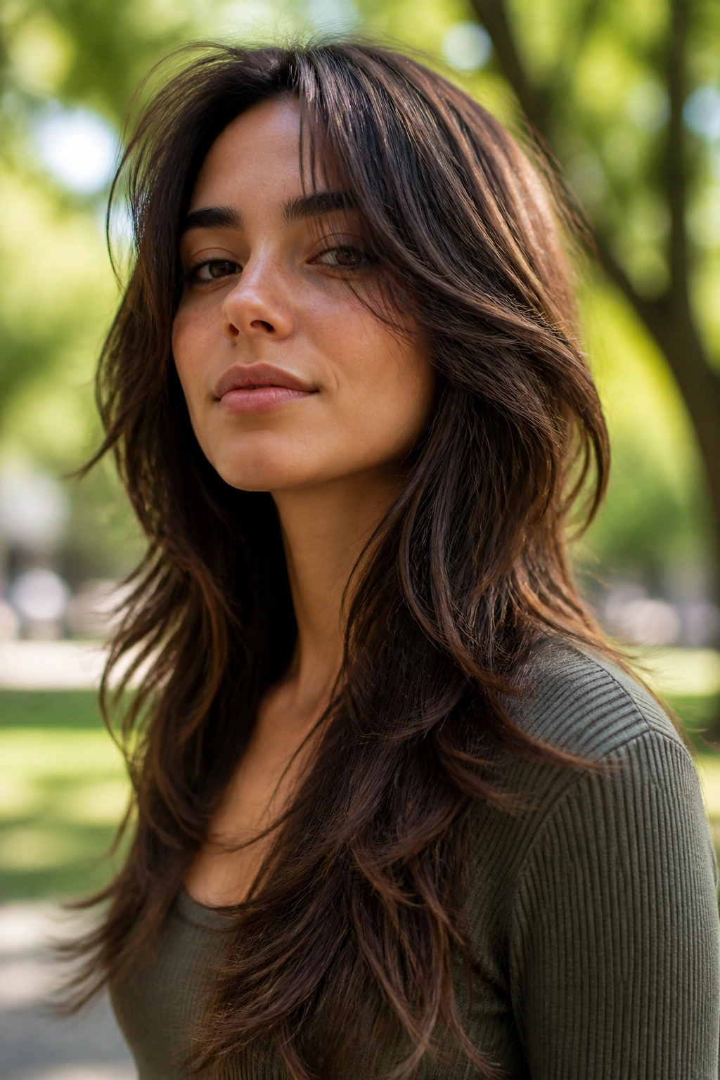 Portrait of a real woman with long wolf cut and feathered ends.