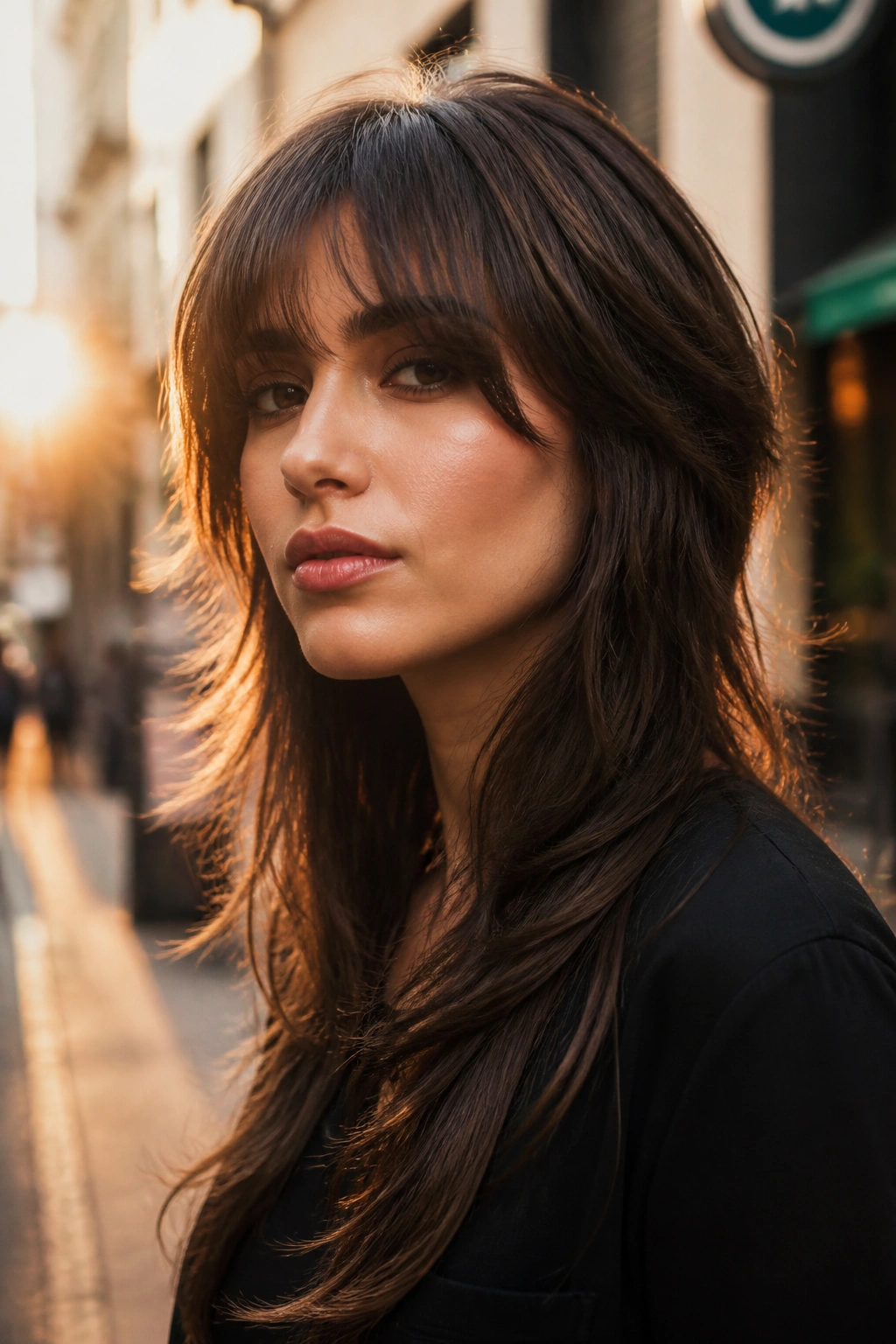 Close-up portrait of a real person with long wolf cut and invisible layers