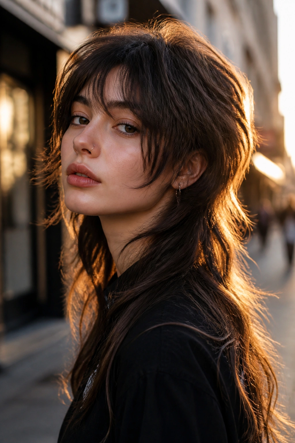 Real woman with long wolf cut mullet portrait on city street