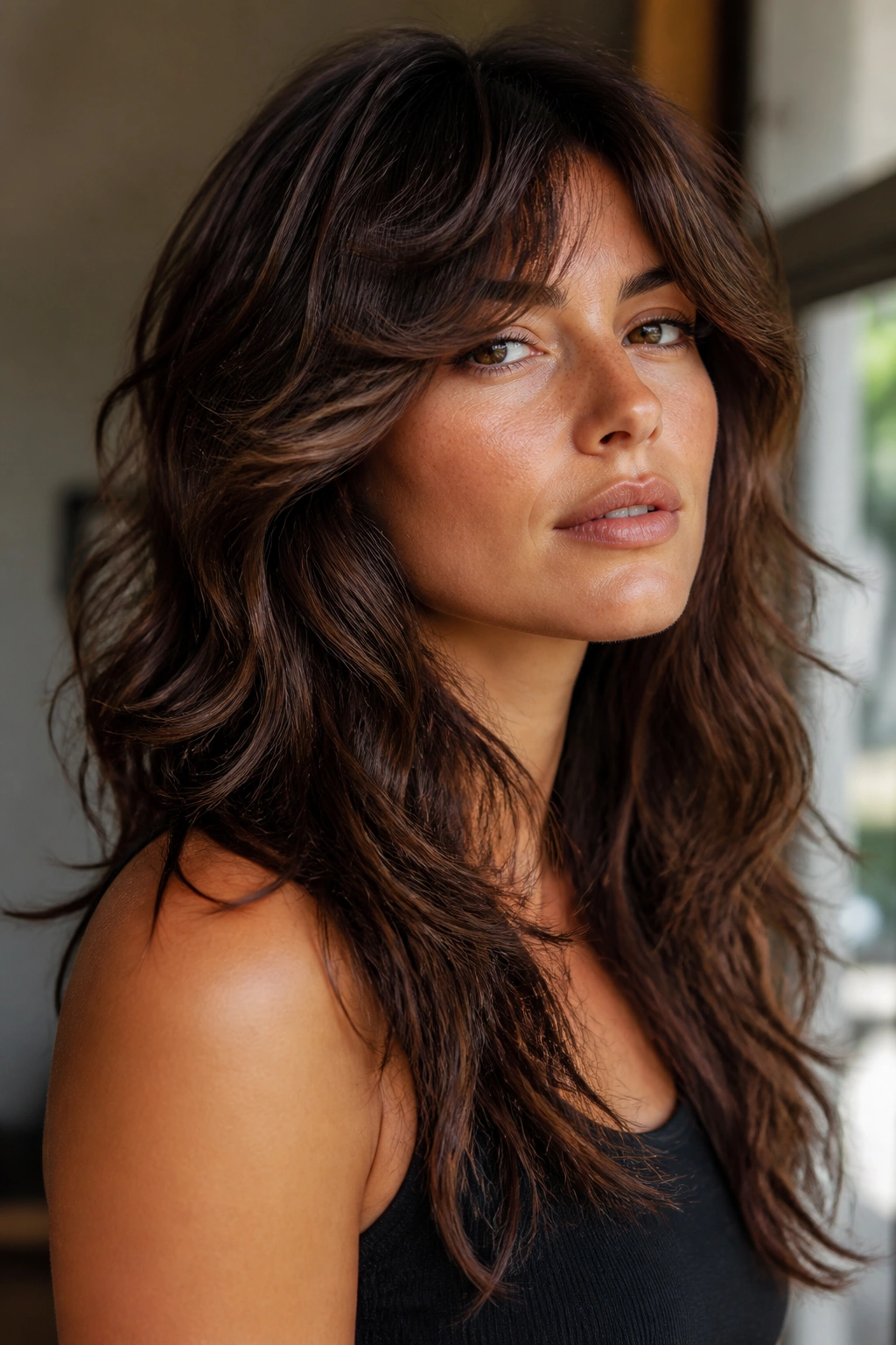 Close-up of a real woman with a long wolf cut and soft layered ends.