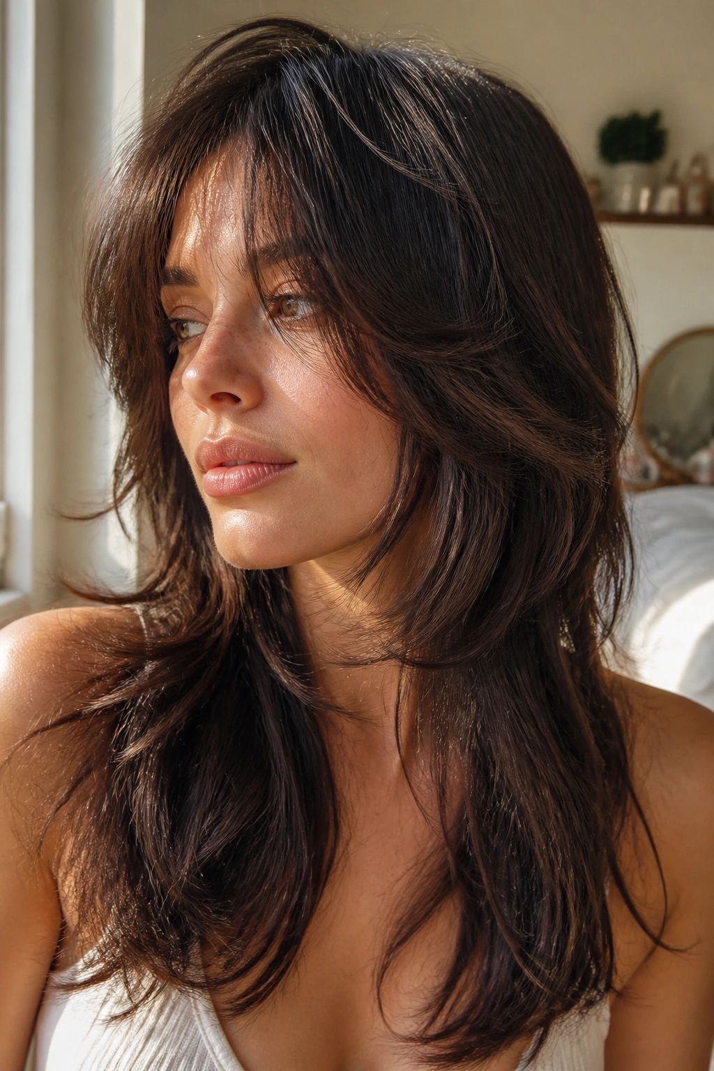 Close-up of a real woman with a long wolf cut and romantic soft layers in warm window light.