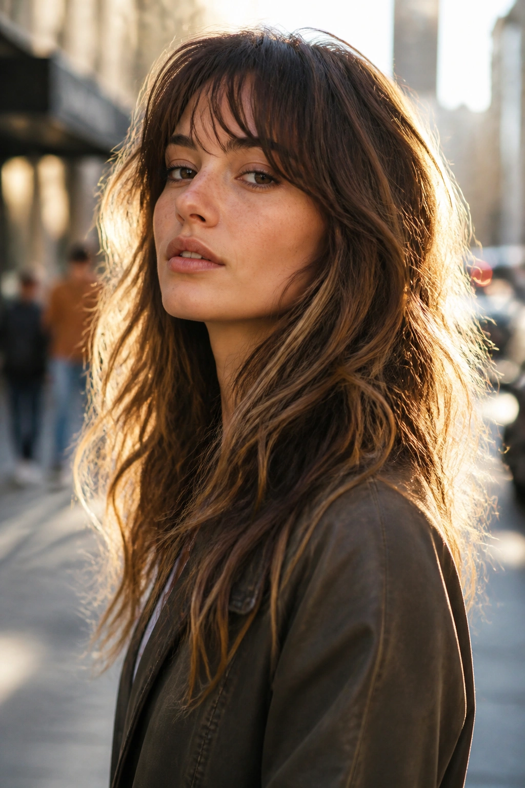 Portrait of a woman with a long wolf cut showing textured ends