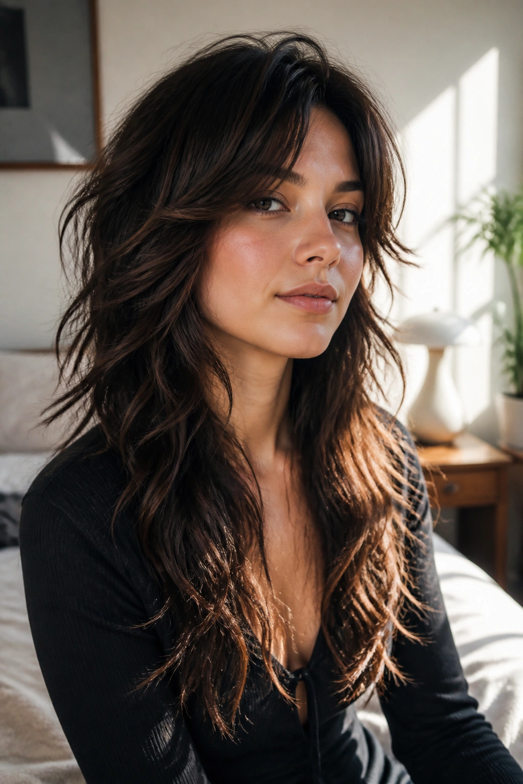 Close-up of a real woman with long wolf cut waterfall layers in warm window light