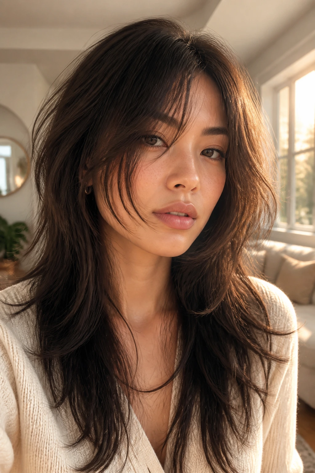 Real person with long wolf cut and wispy front layers in sunny living room.