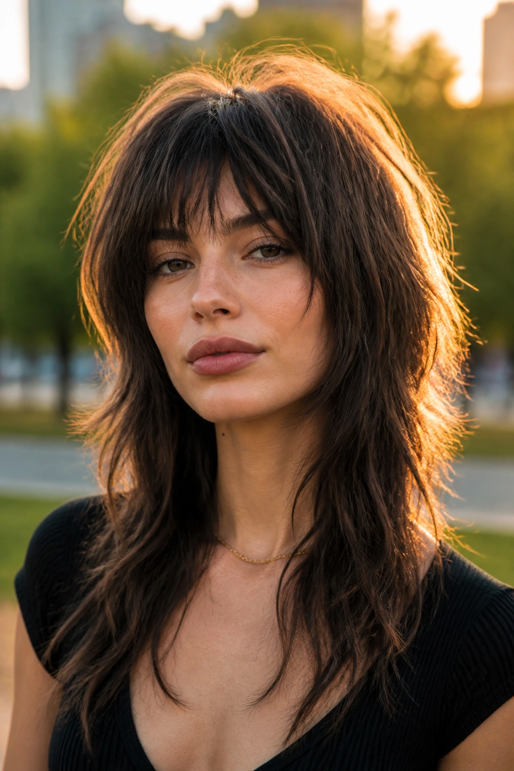 Close-up portrait of a real woman with long wolf shag and tapered bangs