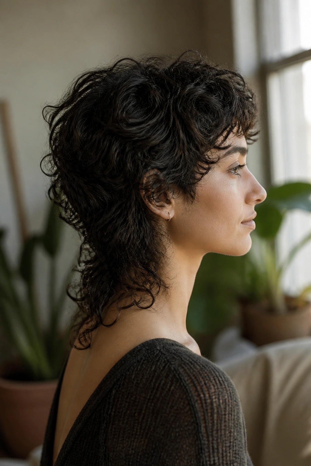 Real person side profile showing longer-nape mixie balancing back length