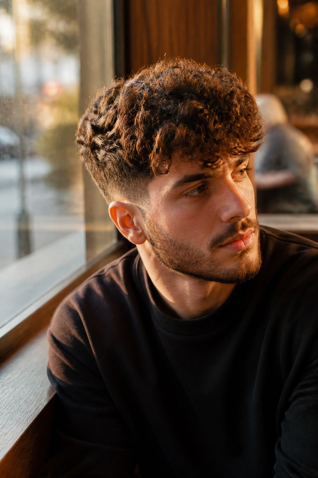 Man with longer top curly crop seated by a cafe window at golden hour