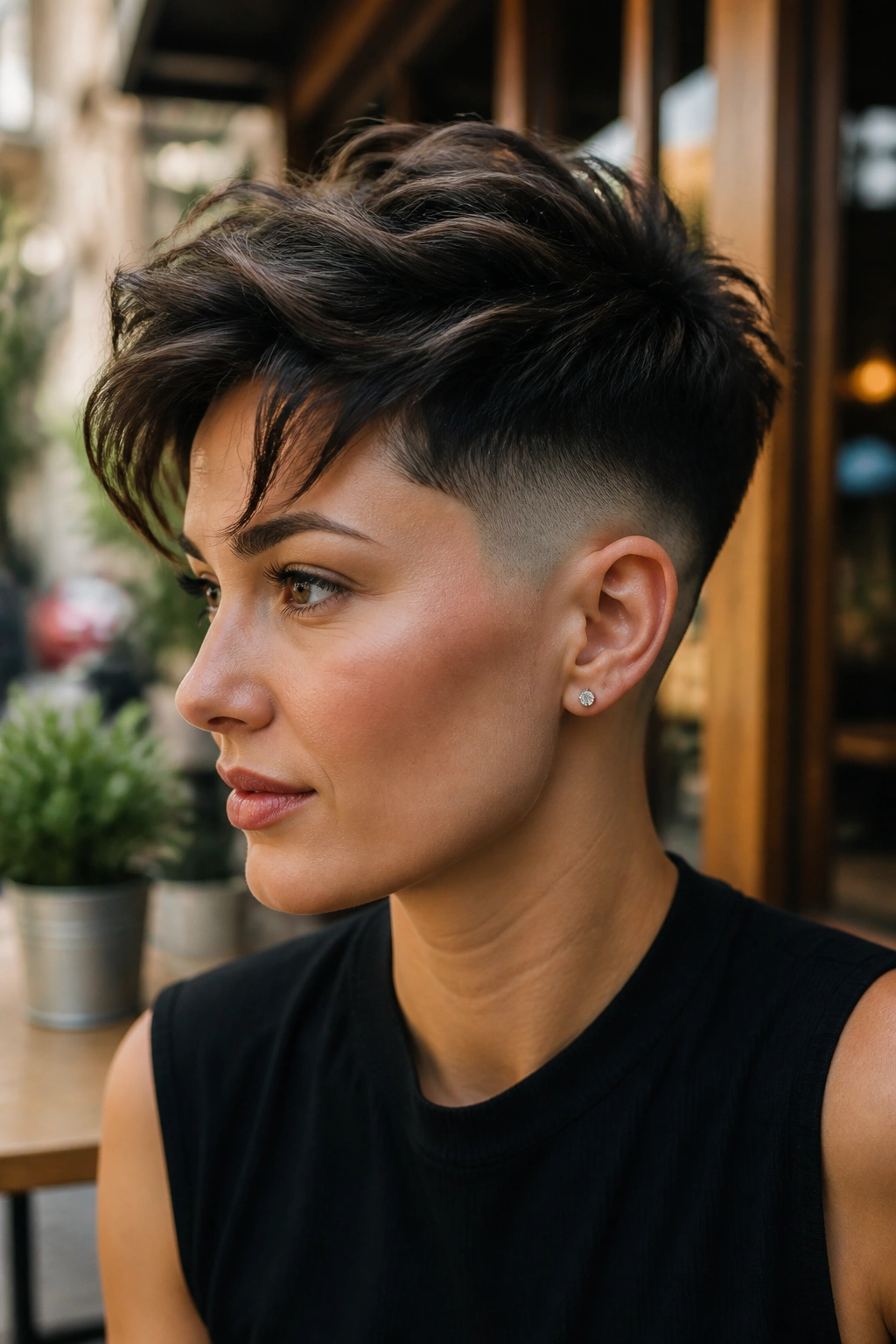 Close-up of a real person with a longer top pixie and tapered fade
