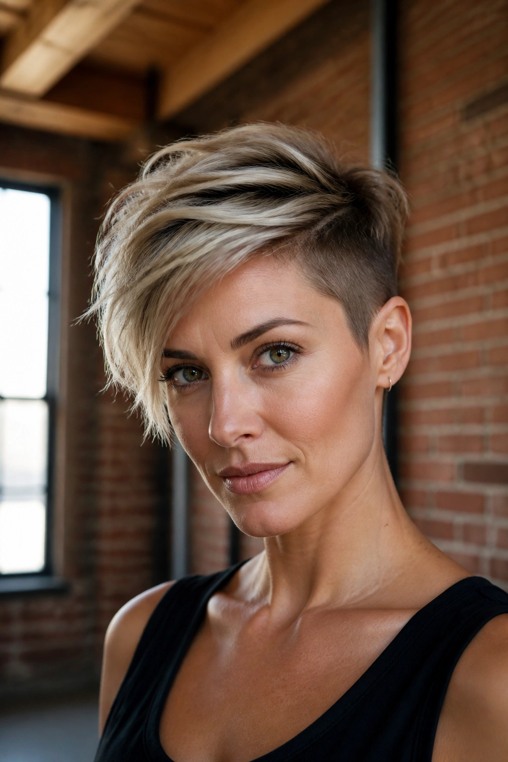 Longer-top pixie with short sides on a real woman, top length visible