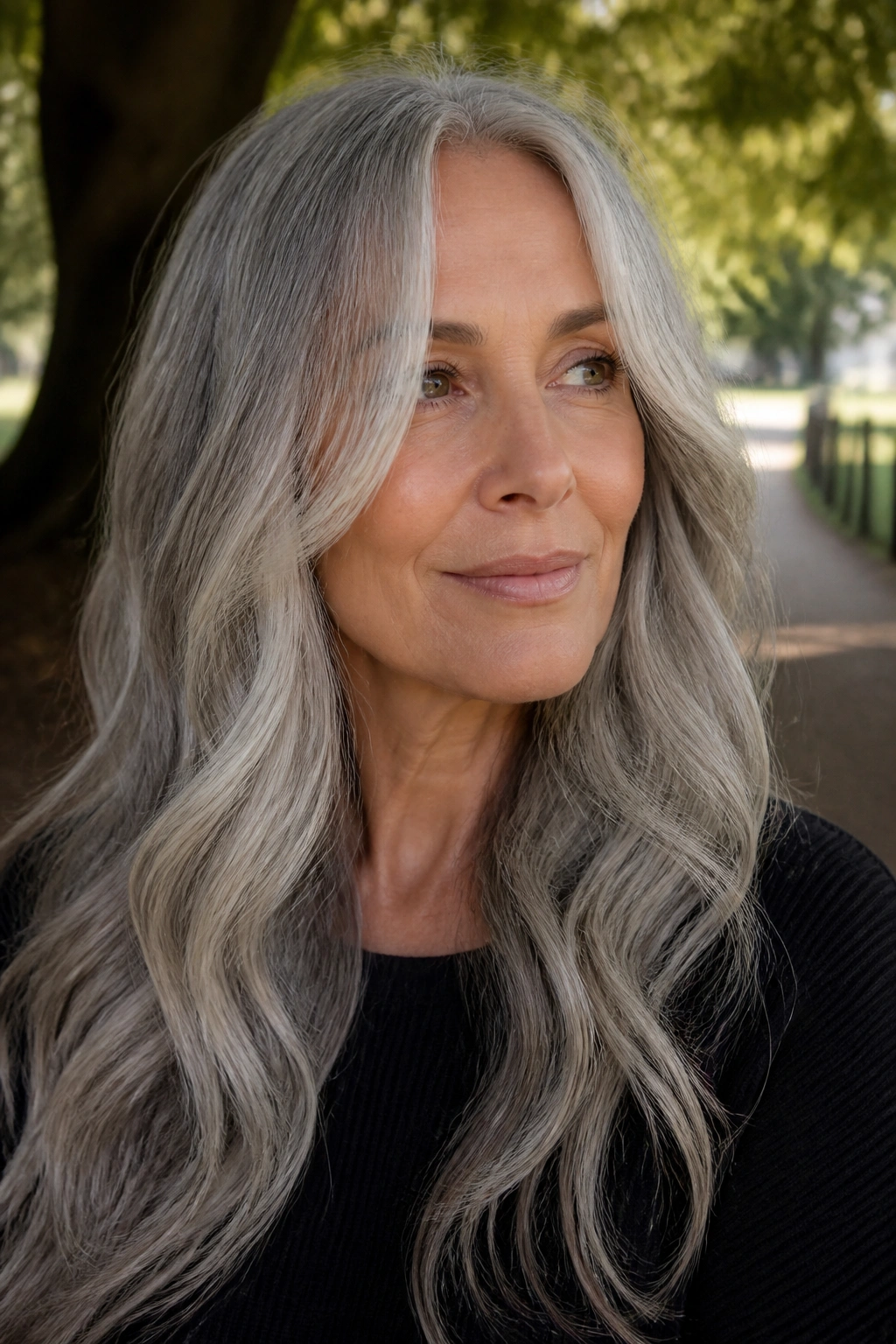 Woman with long gray waves and chin-length face-framing pieces