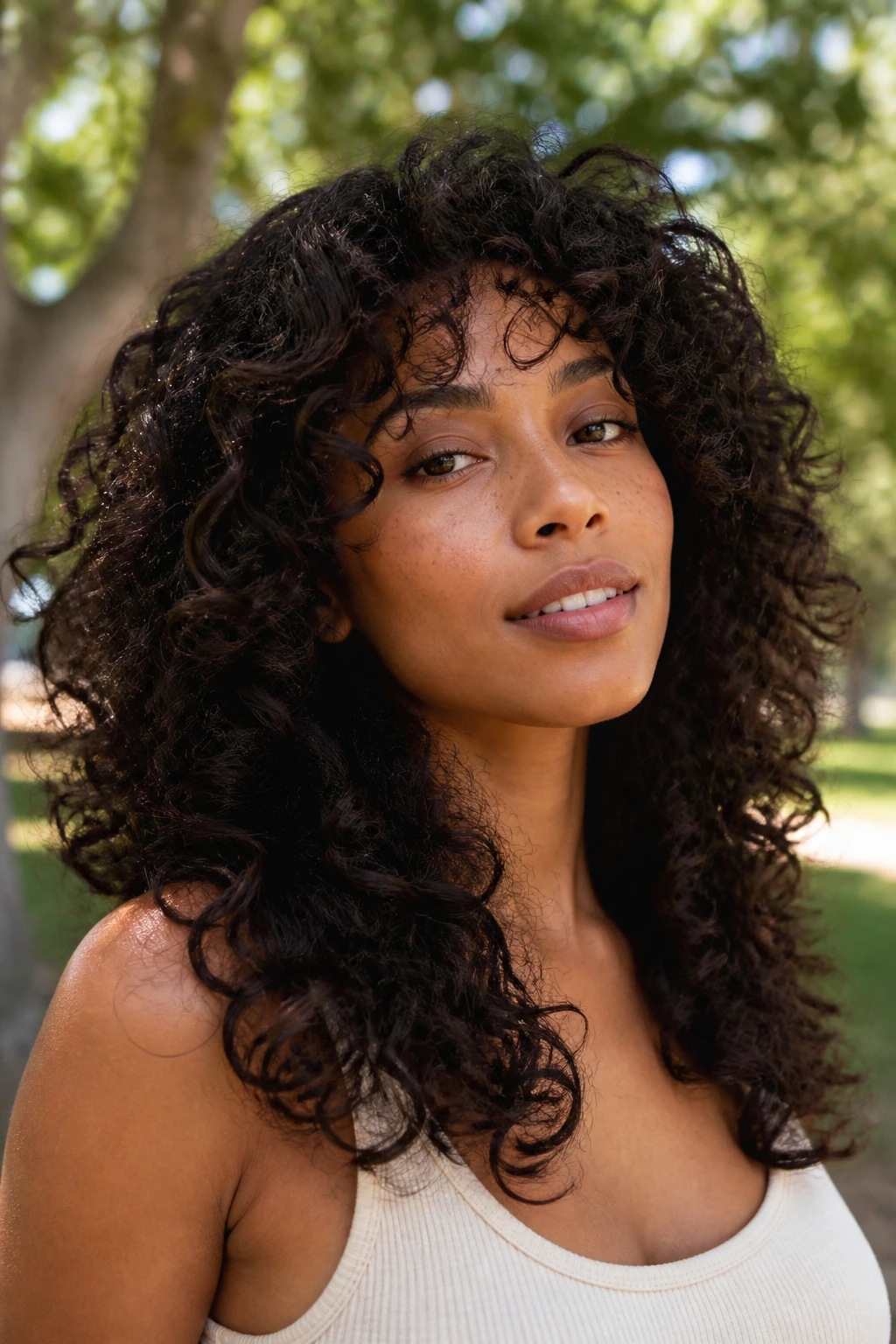 Close-up portrait of a real woman with natural curls in a long shag