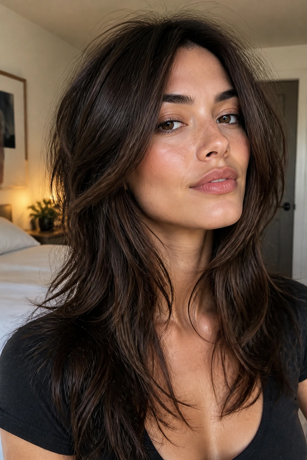 Close-up portrait of a real woman with a long shag for oval faces