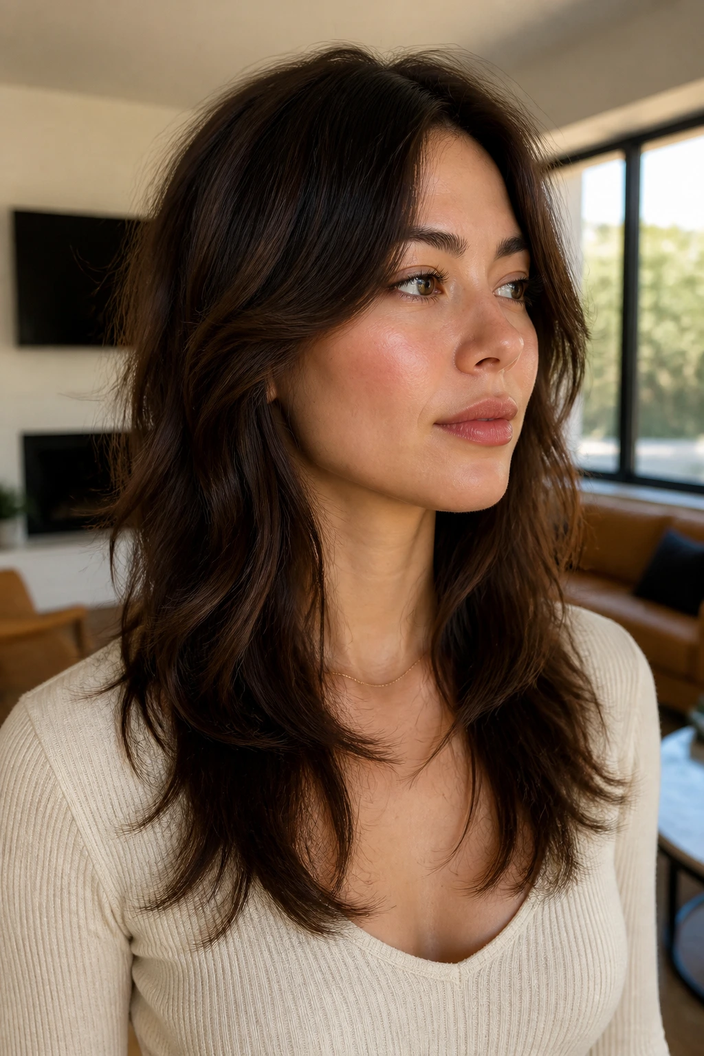 Close-up portrait of a real woman with a long shag for round faces