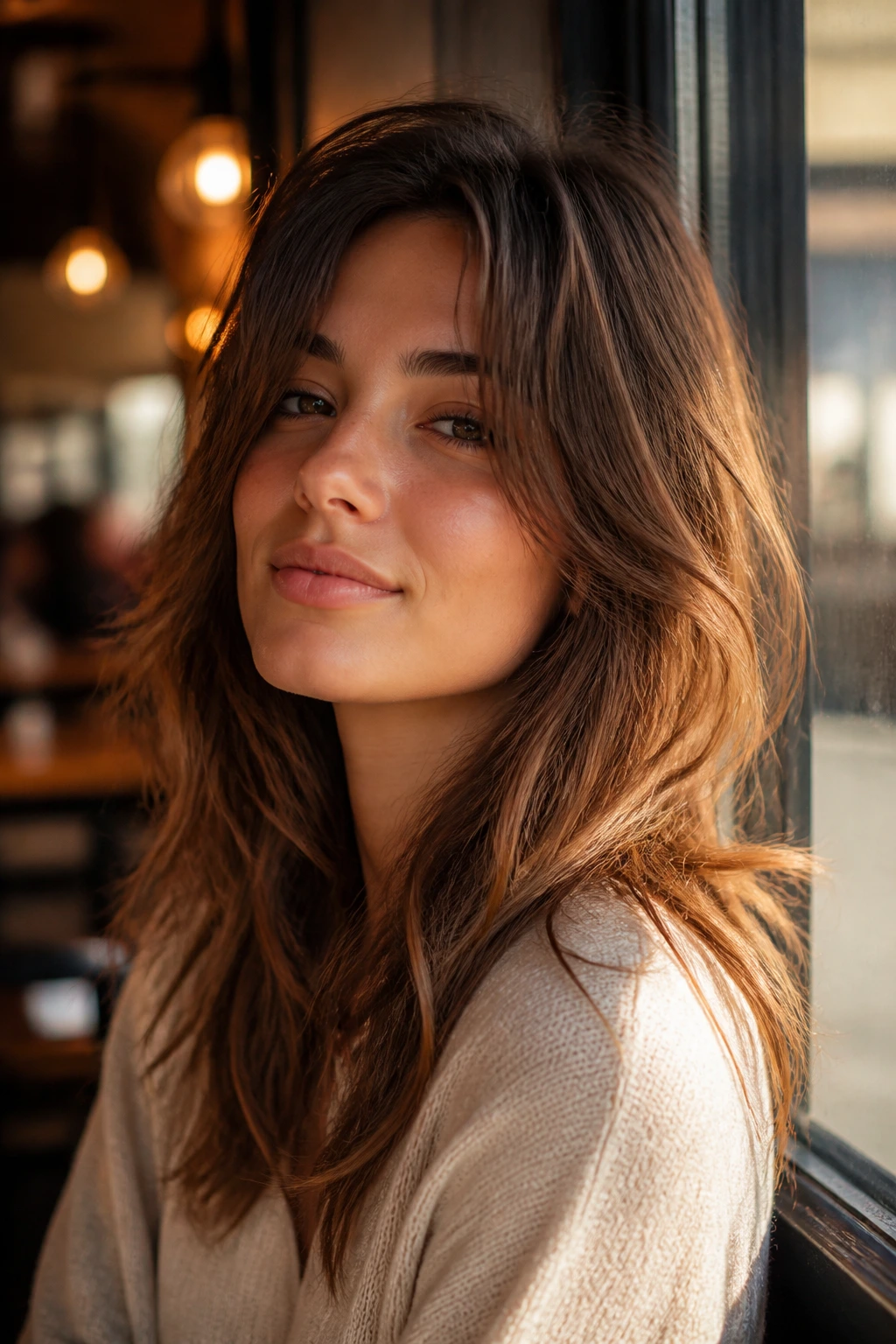 Close-up portrait of a real woman with a long shag for square faces