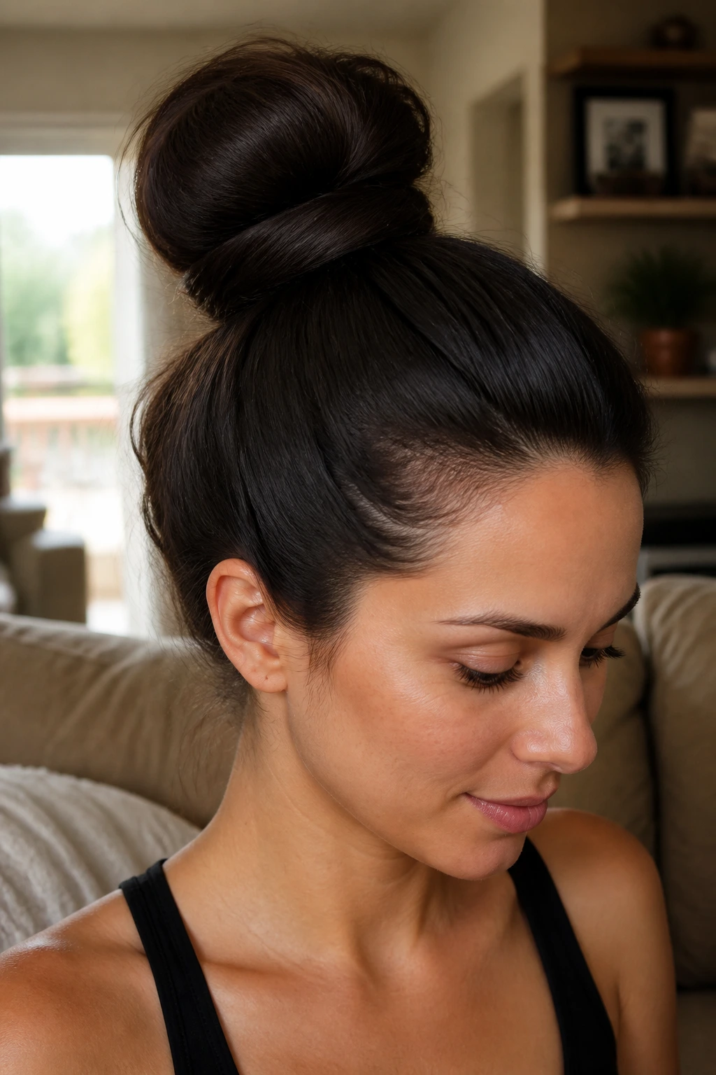 Close-up of a real woman showing a loop bun formed by half-through elastic