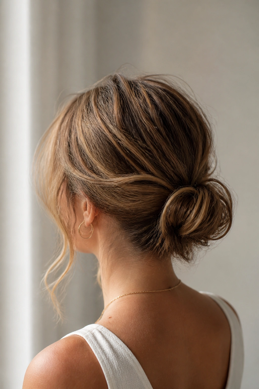 Three-quarter back portrait of a real woman with a loop bun and wispy pieces at the crown