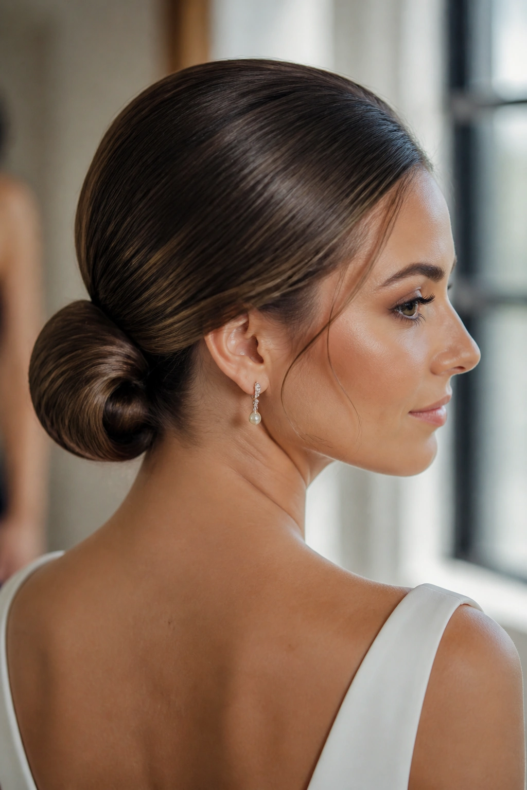 Real person wearing a low loop bun with a soft edge.