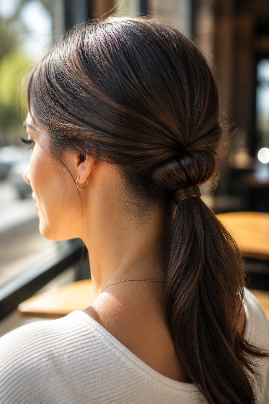 Close-up of a real woman showing a flipped-through loop ponytail at the nape.