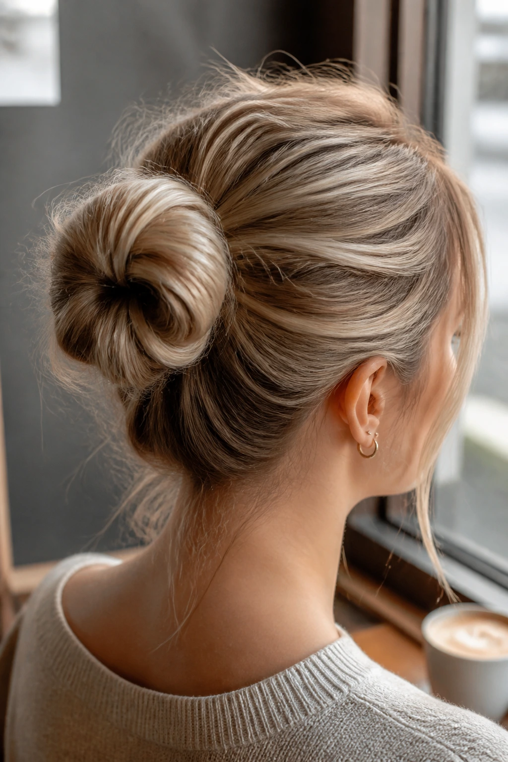 Close-up of a real woman with a loop-through ponytail bun