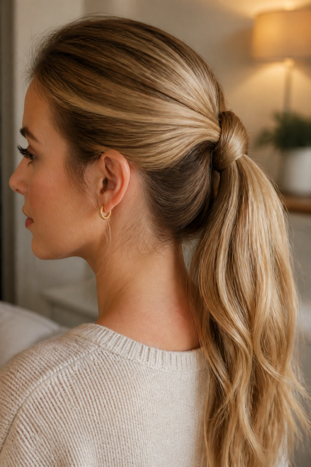 Close-up of a woman with a loop-through ponytail